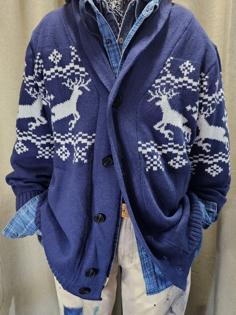 Amazon Men’s Navy and White Reindeer Knit Cardigan